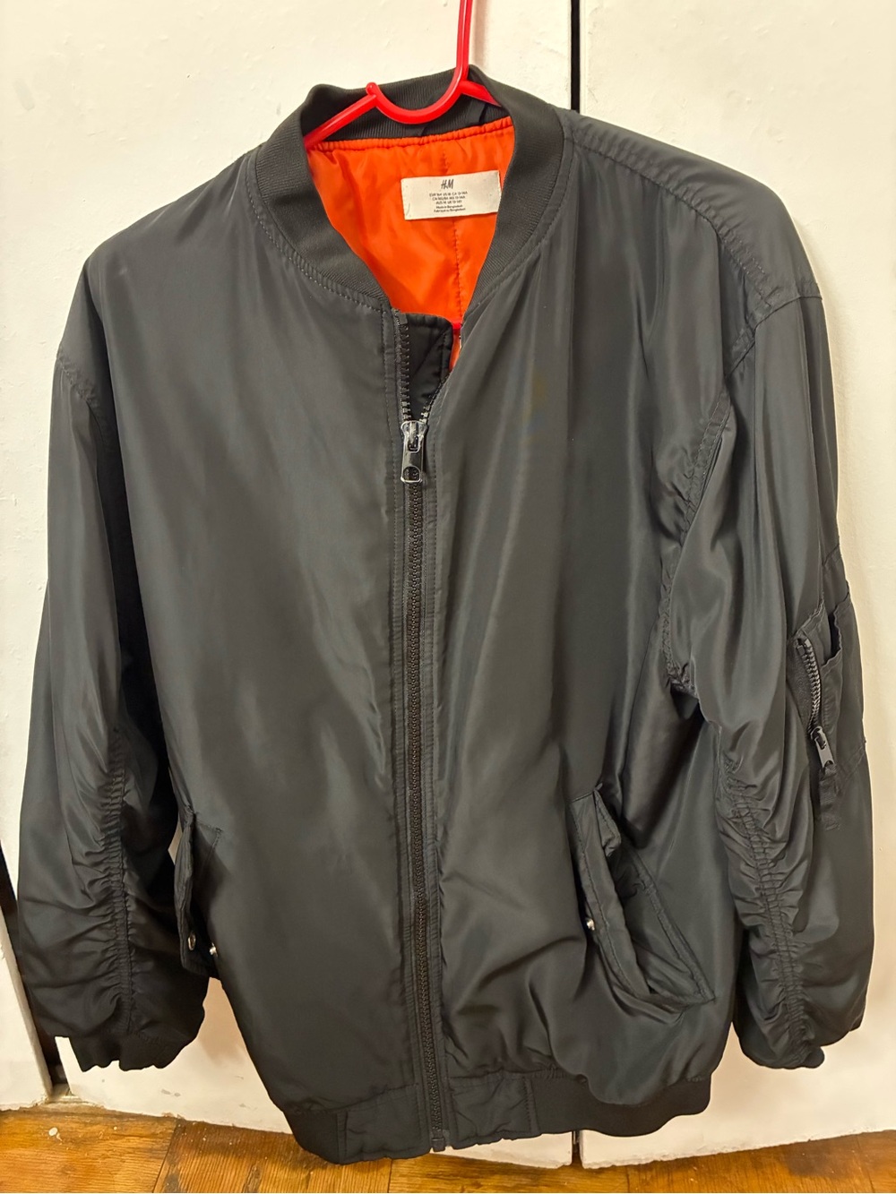 H&M Men's Black Bomber Jacket with Orange Interior